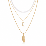 Moon, Feather & Crystal Layered Necklace Set- Elaria
