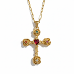 Carmia Gold Cross Necklace With Roses And Heart Gemstone