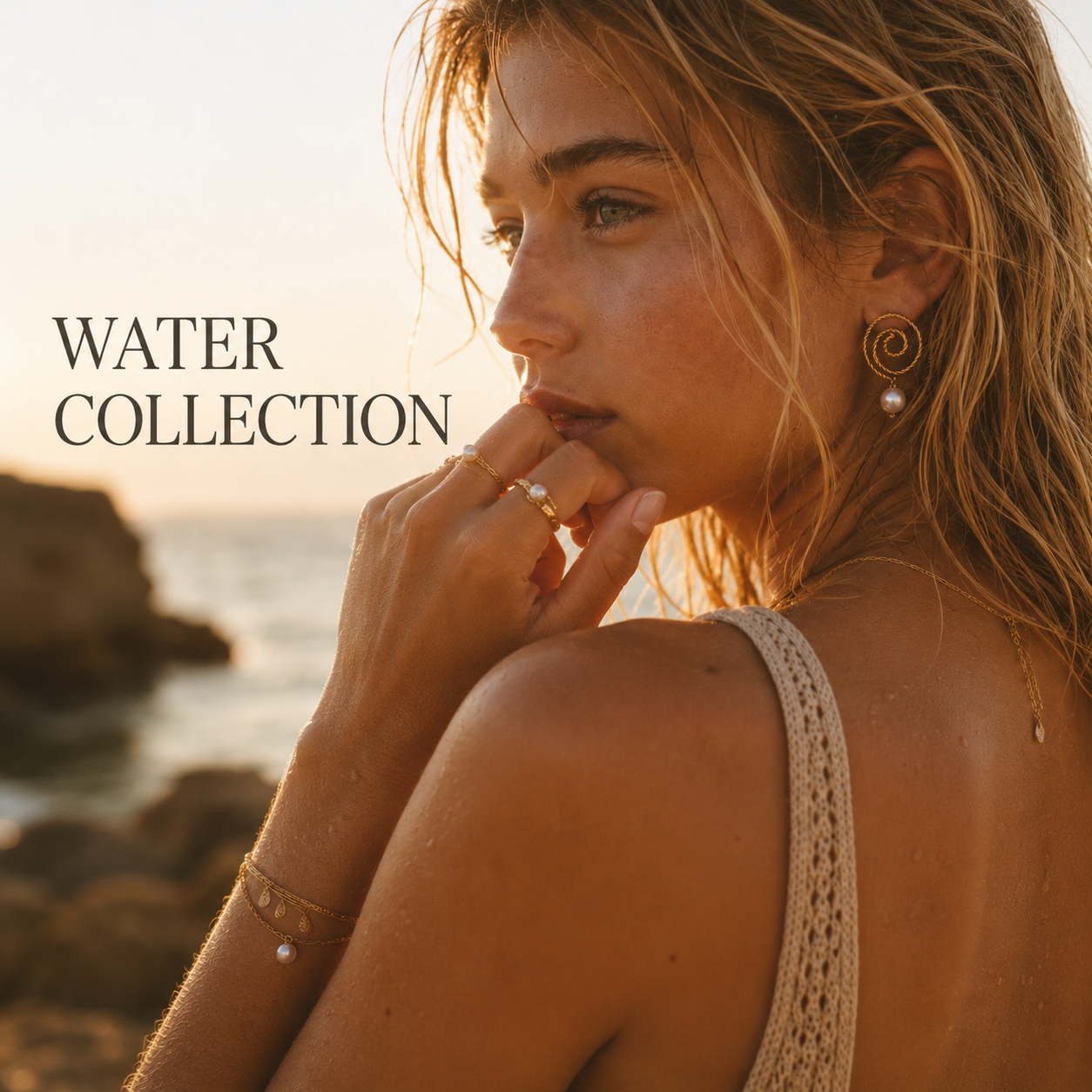 Symbolic image for the Water Element — a woman in a flowing white dress beside a giant seashell under a soft blue sky, representing calm, depth, and Avyrona’s Water Collection.