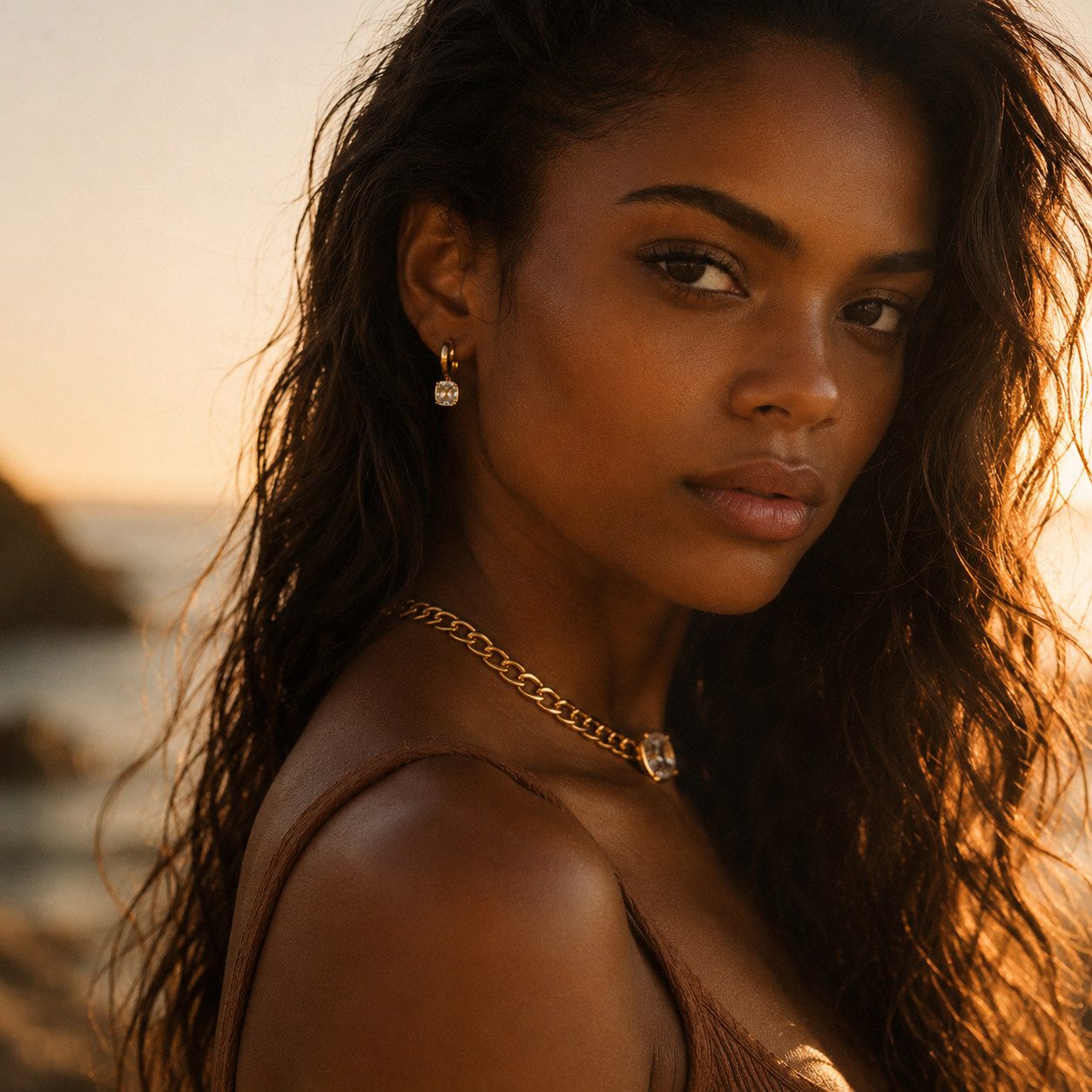Fire Collection gold jewelry by Avyrona featuring bold stainless steel necklaces with 18K gold plating, inspired by fire energy, strength, passion and feminine power, waterproof and tarnish free jewelry
