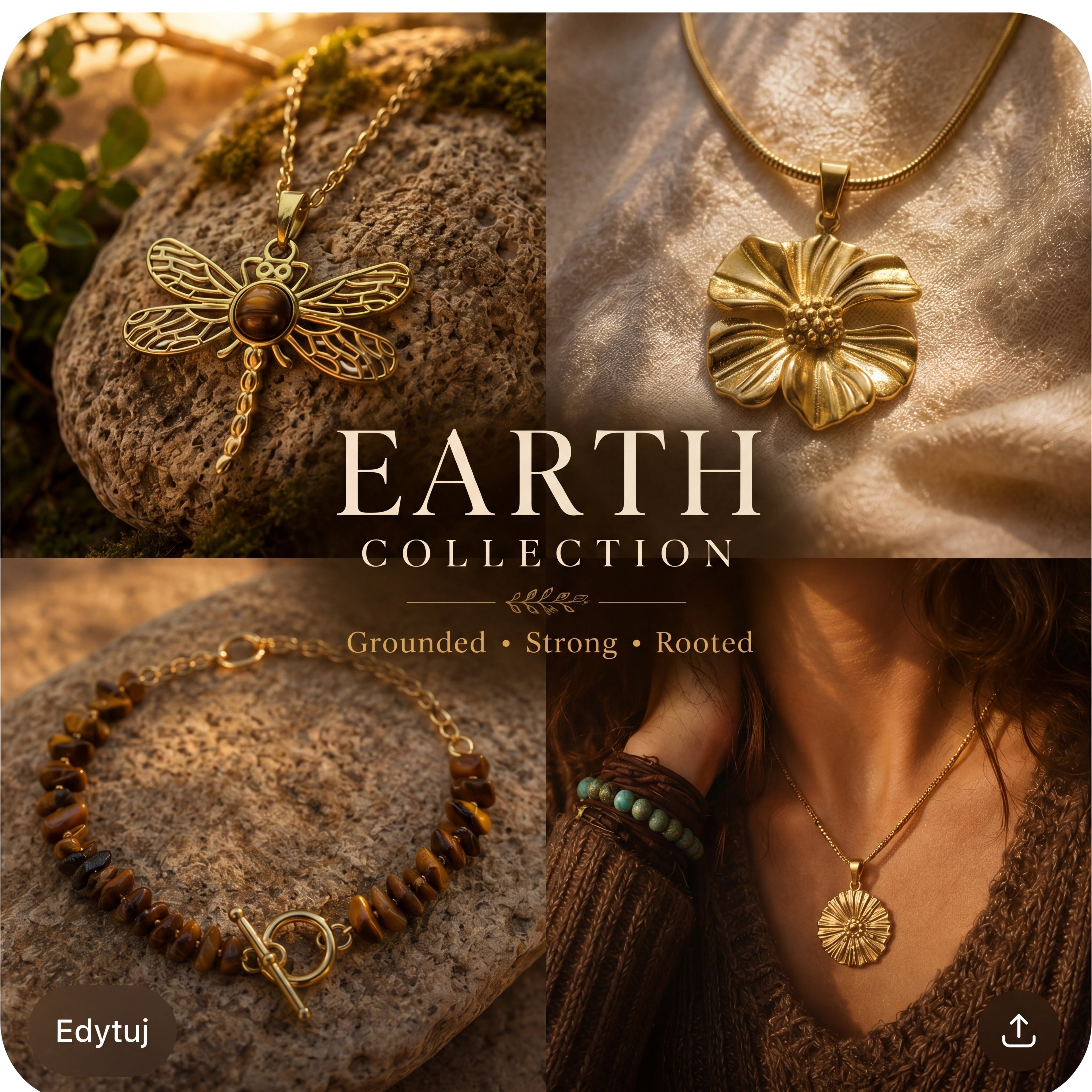 Earth Element jewelry collection by Avyrona, gold dragonfly necklace with tiger’s eye stone, warm earthy tones, natural feminine aesthetic.