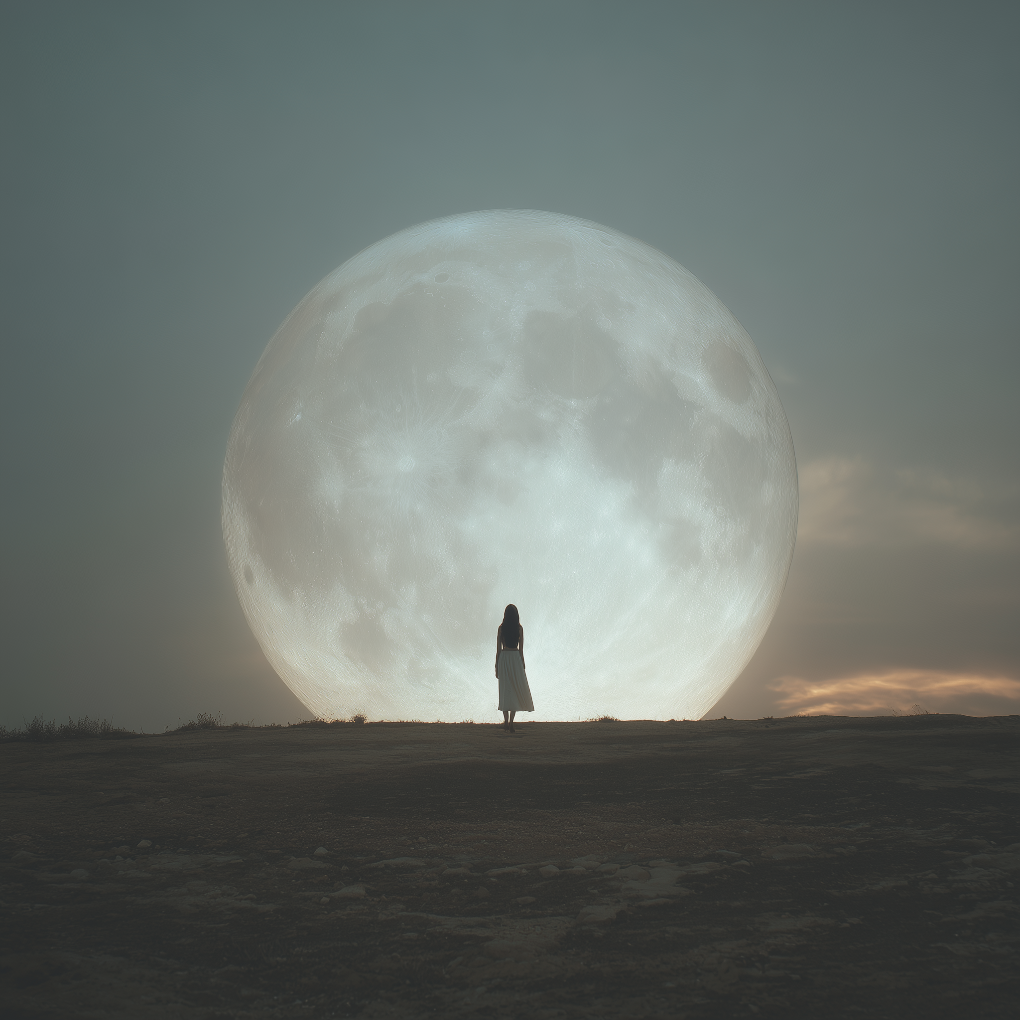 Full moon over a serene horizon with a lone silhouette, symbolizing celestial energy and connection — Avyrona Celestial Collection.