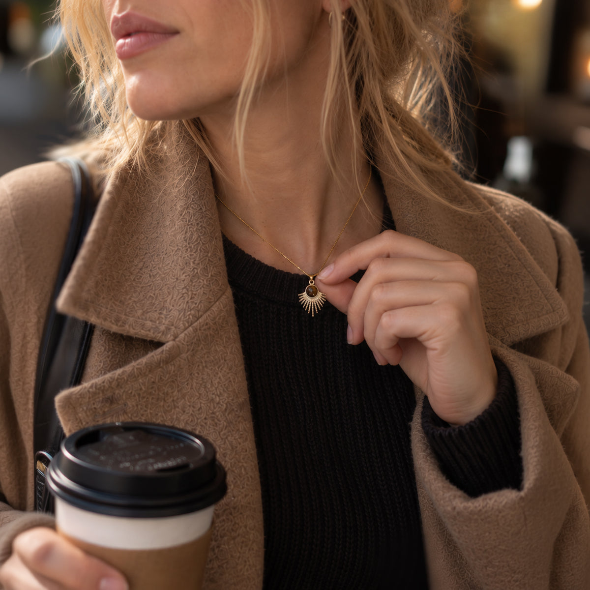 Zenya – Tiger Eye Necklace, Radiant Sunburst Pendant.