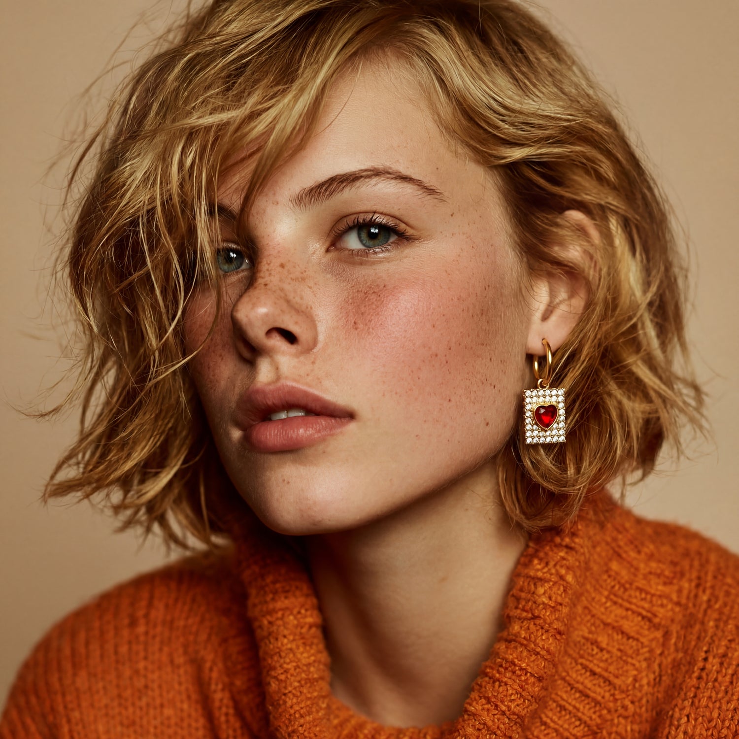 Woman wearing a square earring with a red gem on a beige background