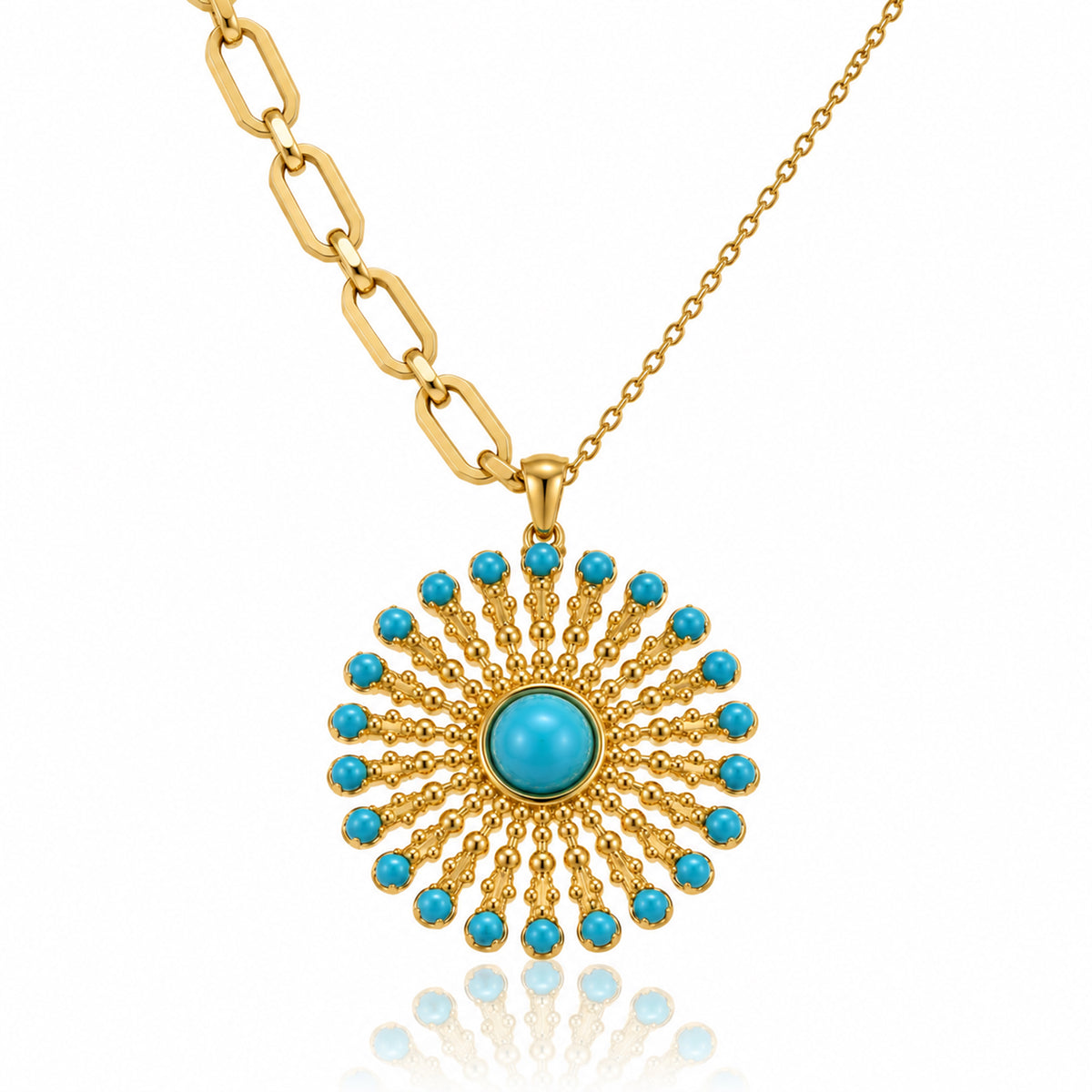 A gold pendant necklace featuring a circular sunburst design with a central turquoise stone and surrounding small turquoise stones, suspended from a gold chain on a white background.