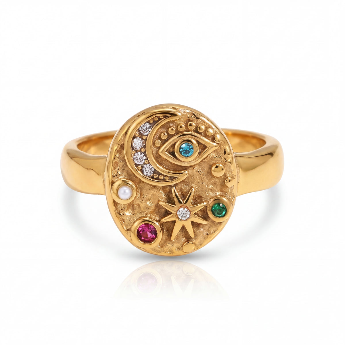 Gold ring with celestial design and colorful gemstones on a white background