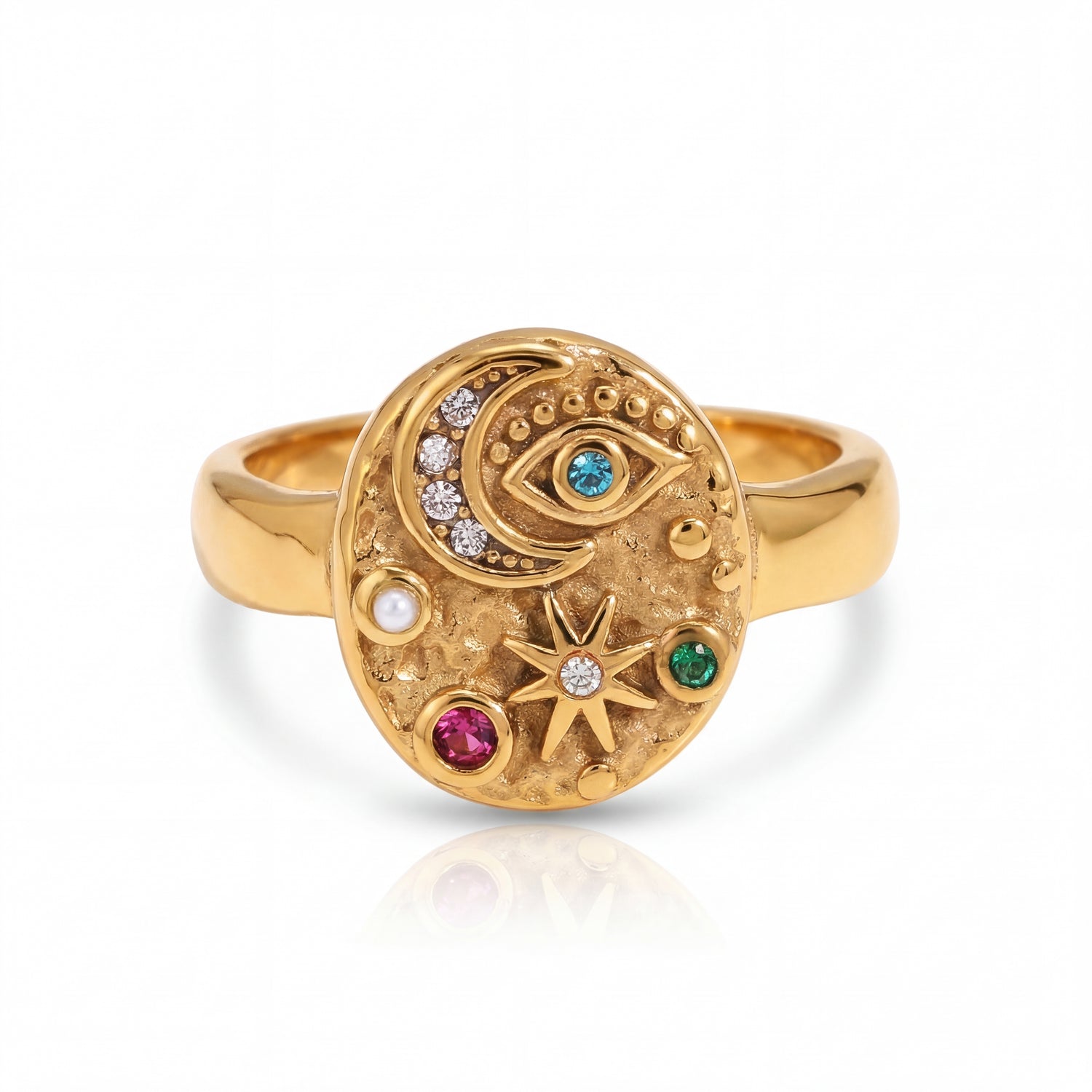 Gold ring with celestial design and colorful gemstones on a white background