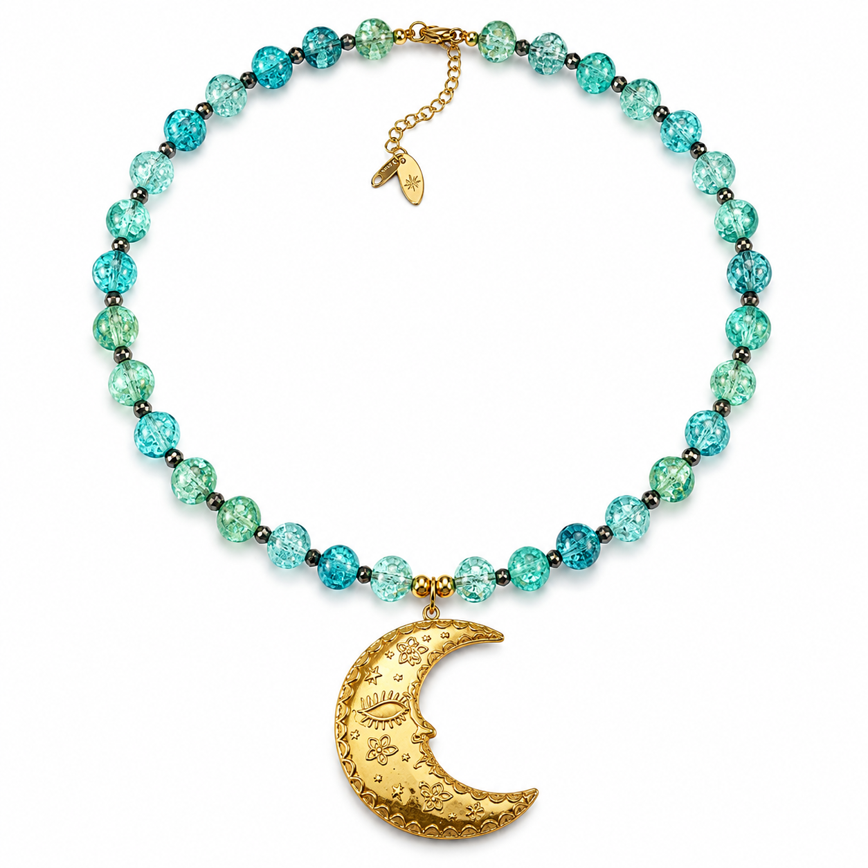 Noelle – Turquoise Crackle Glass Crescent Moon Necklace