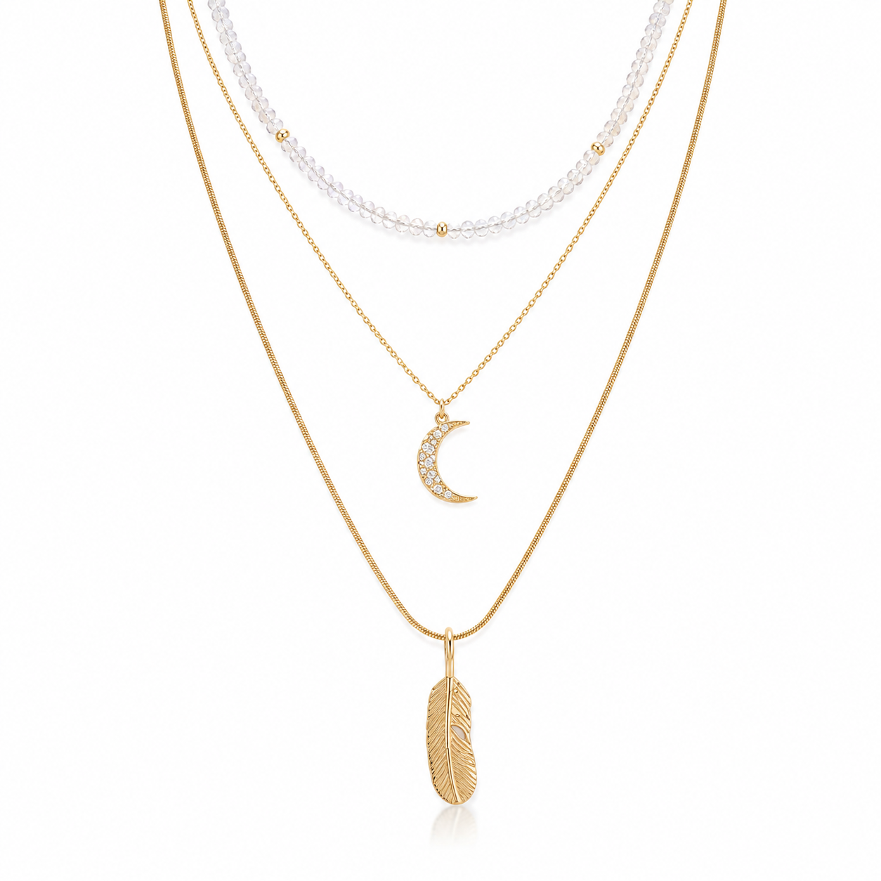 Moon, Feather & Crystal Layered Necklace Set- Elaria