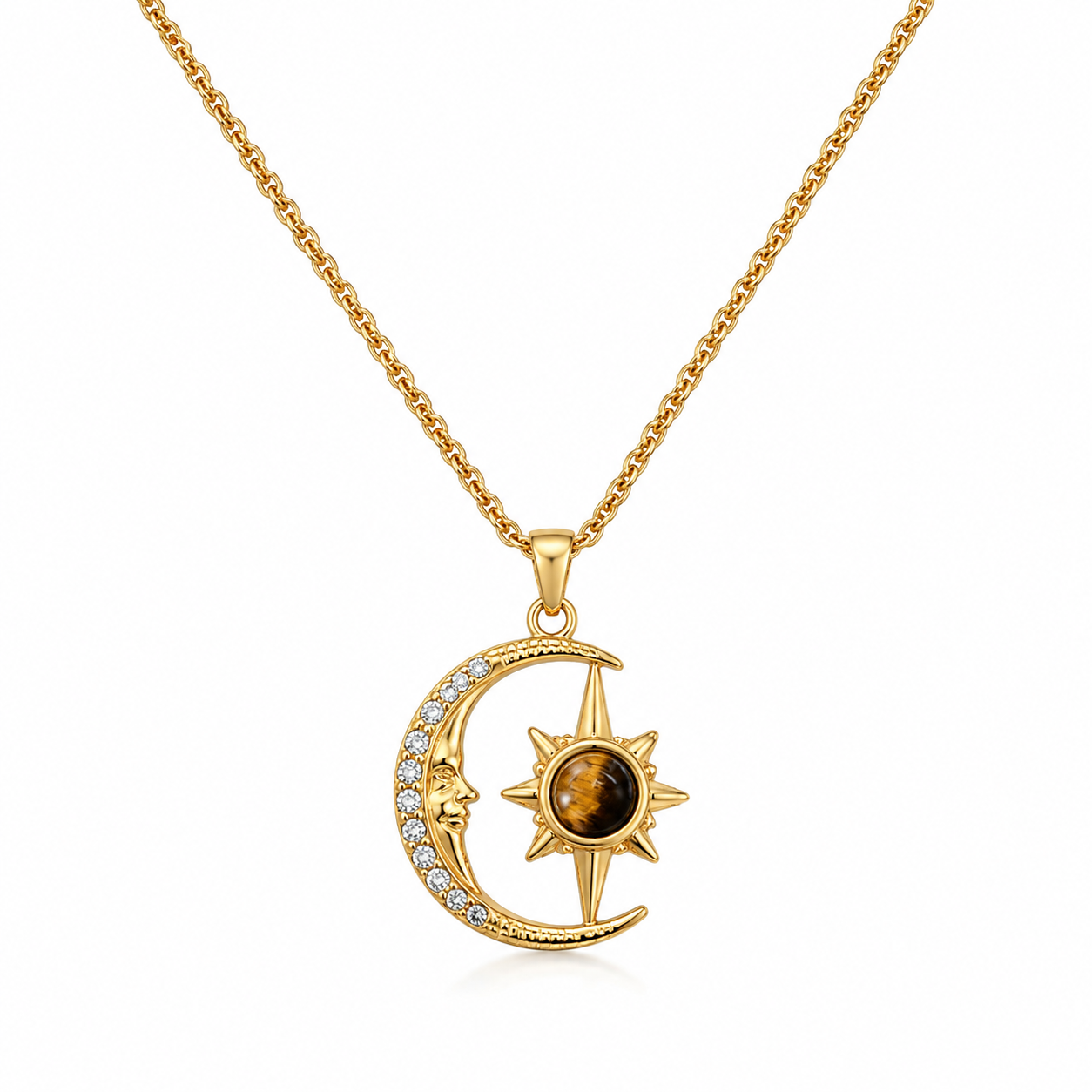 Gold Moon and Star Tiger Eye Necklace – Solune
