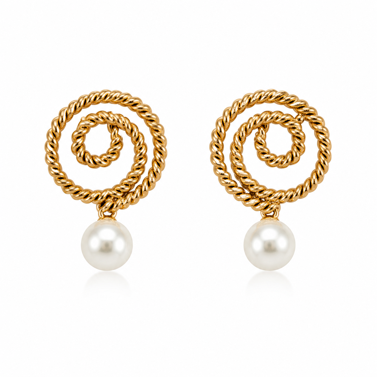 Thaleia – Spiral Pearl Earrings, Silver or Gold.