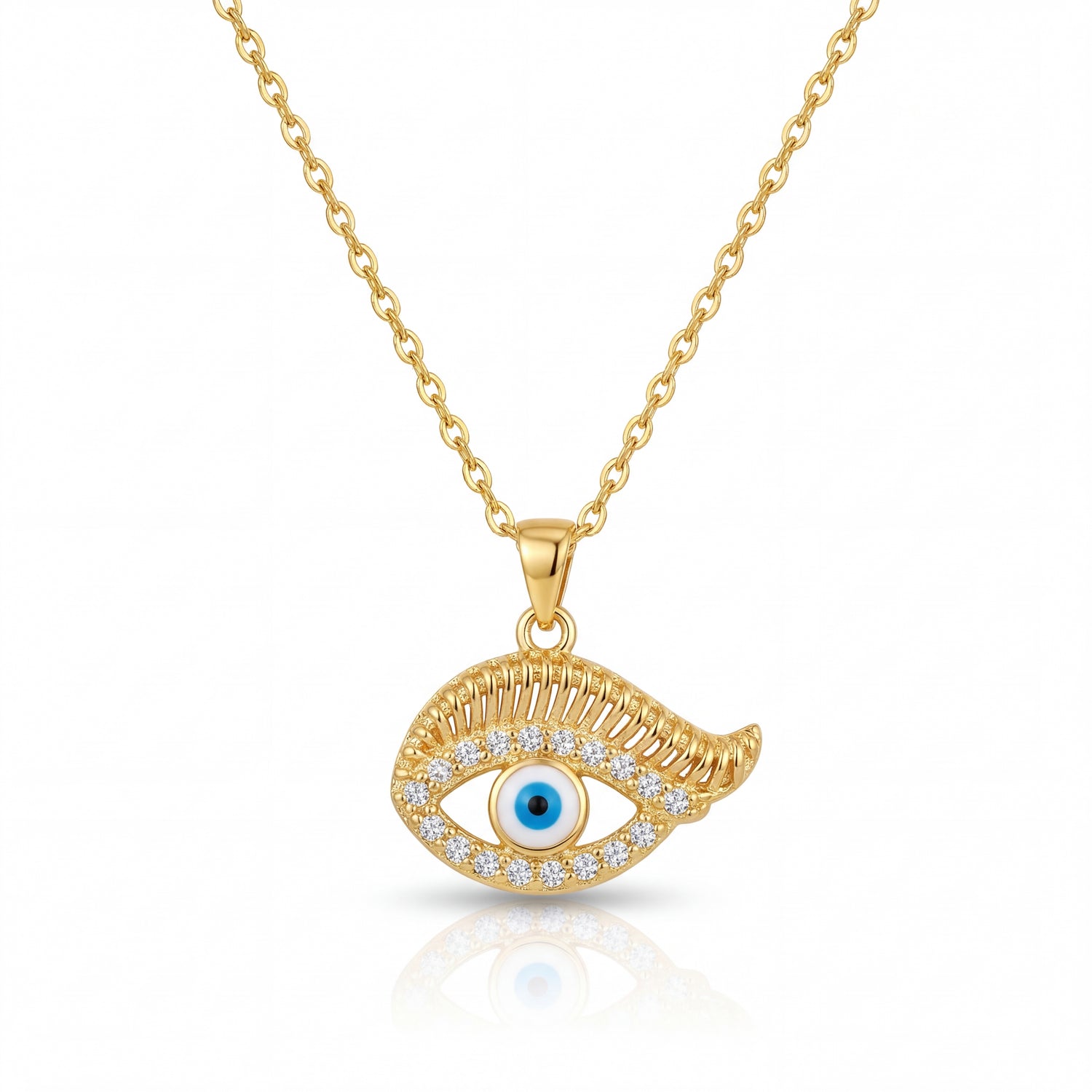Gold necklace with an eye-shaped pendant on a white background