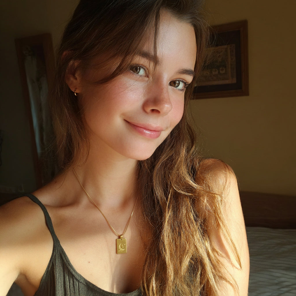 Woman wearing a gold necklace with a pendant indoors