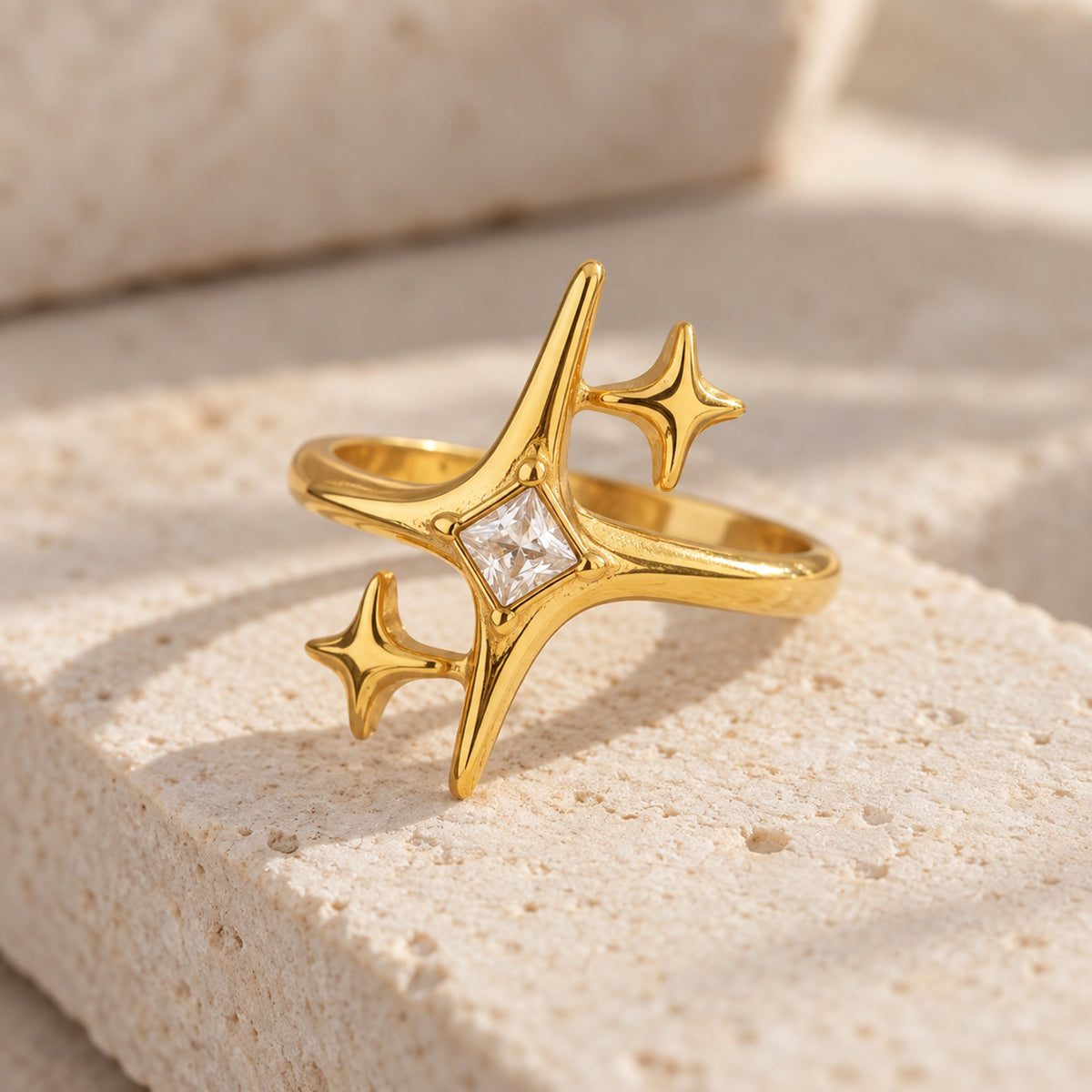 Gold Celestial Star Ring with Zircon on stone