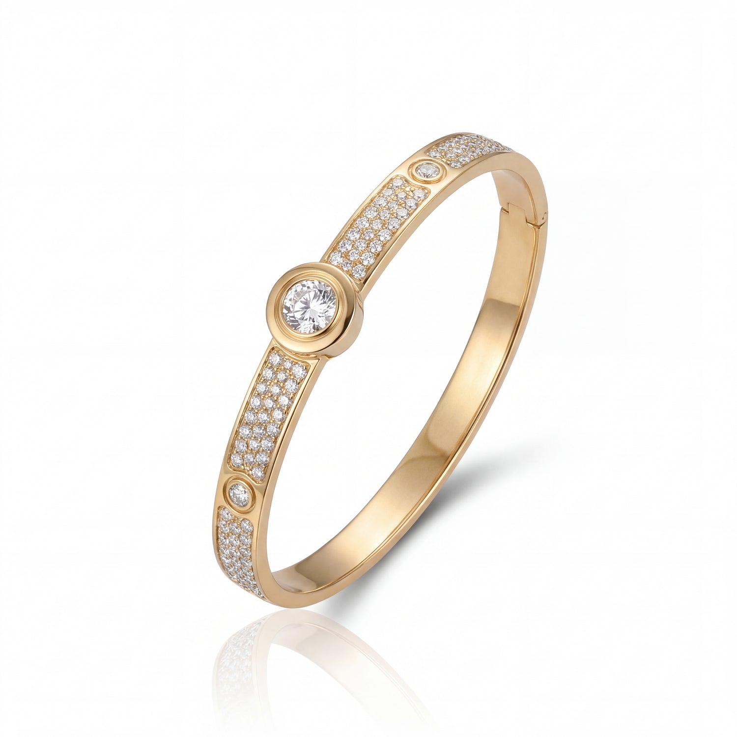 Gold bracelet with diamond accents on a white background