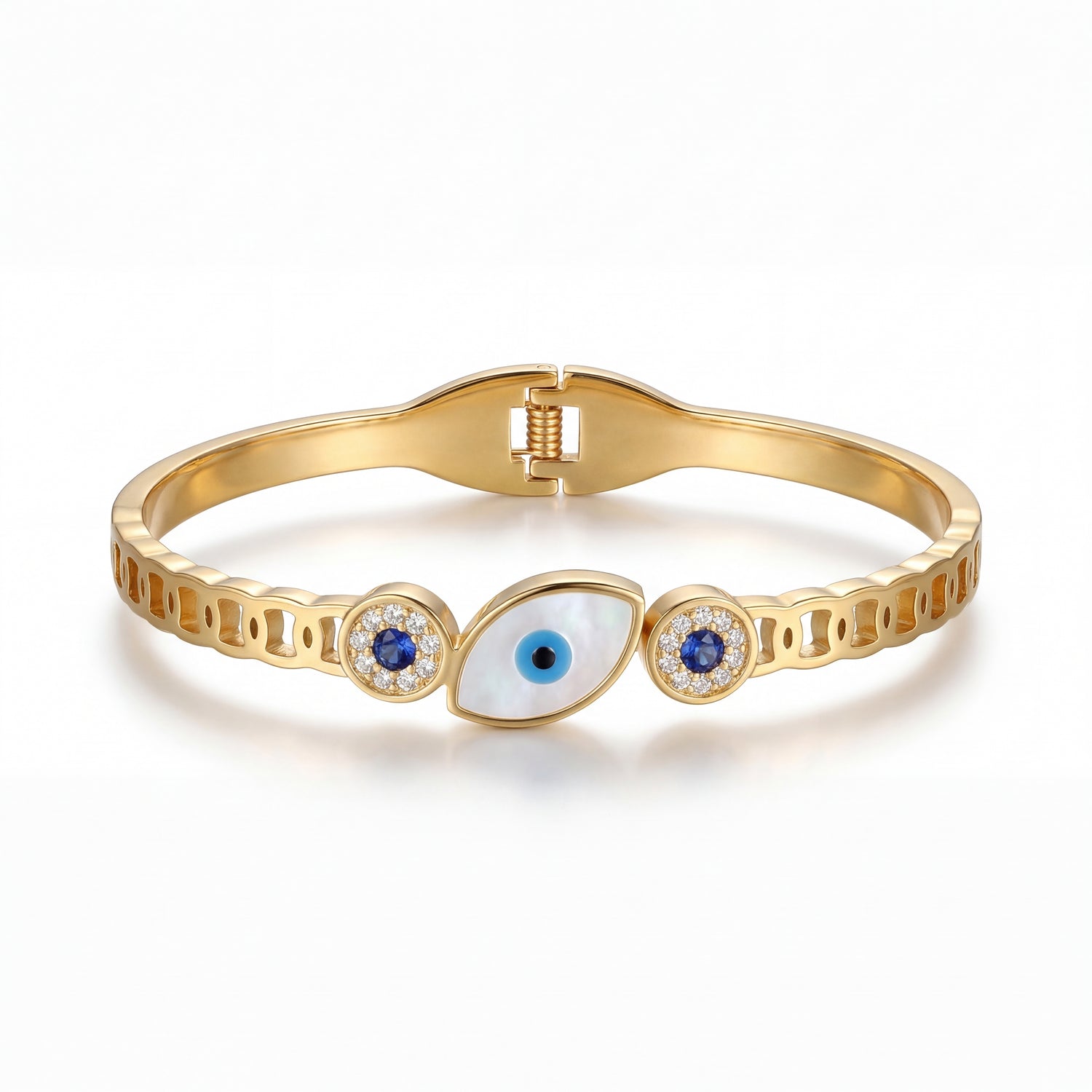 Gold bracelet with eye design and blue stones on a white background