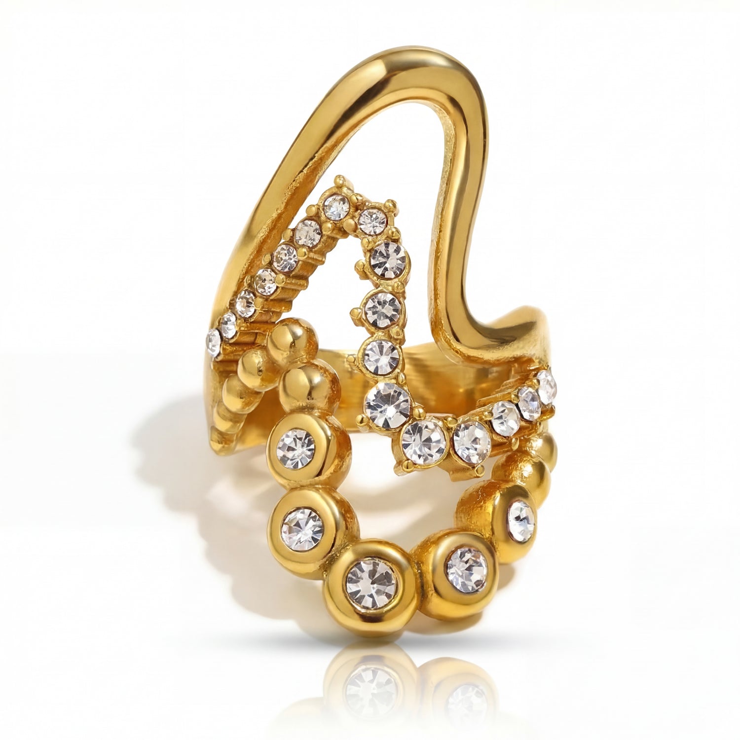 Gold earring with crystal stones on a white background