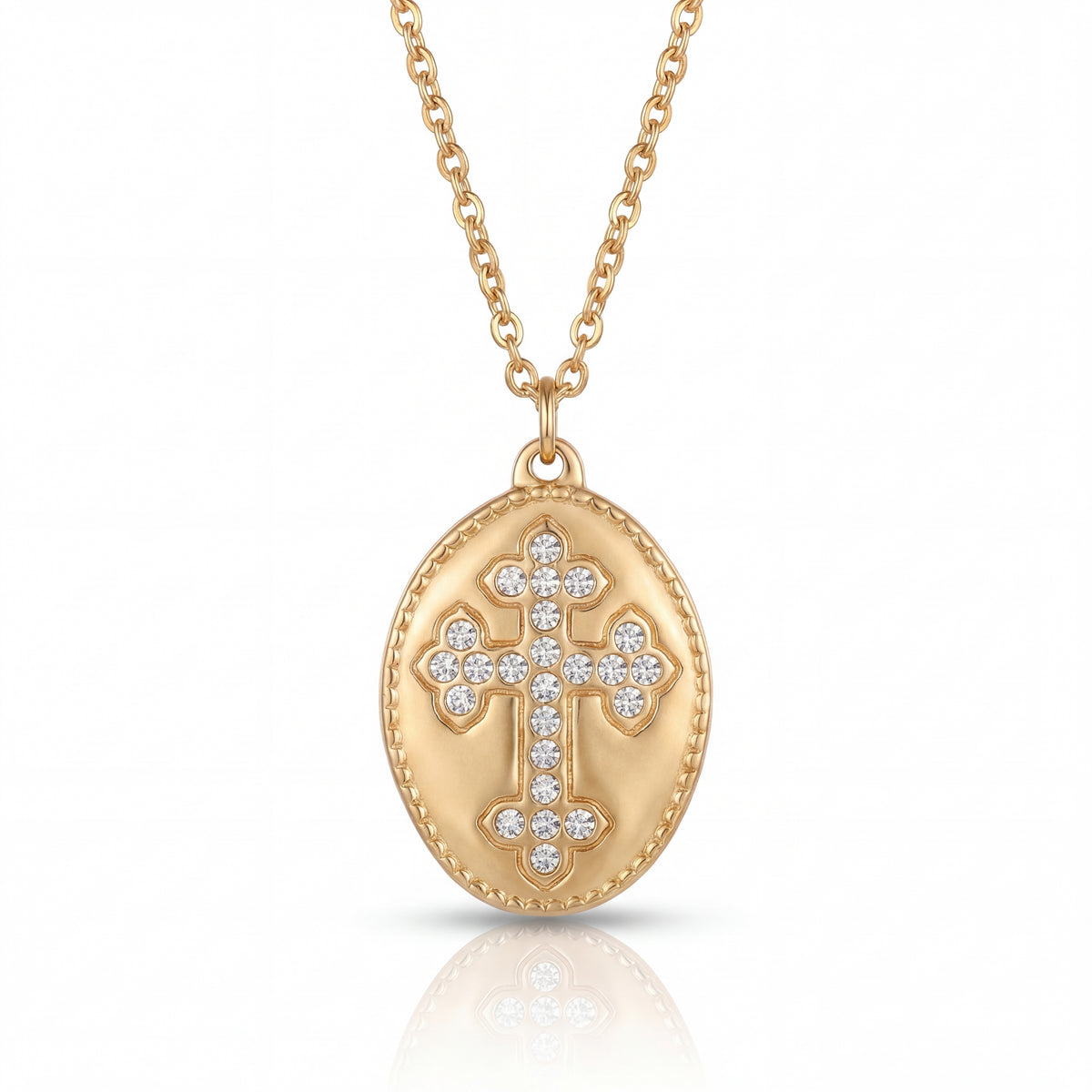 Gold necklace with a cross pendant on a white background