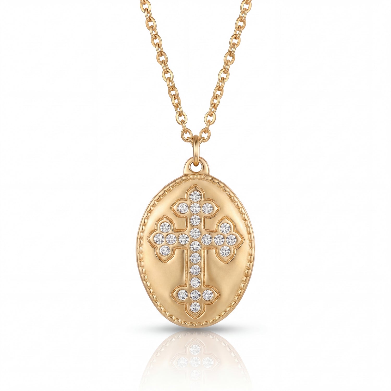 Gold necklace with a cross pendant on a white background