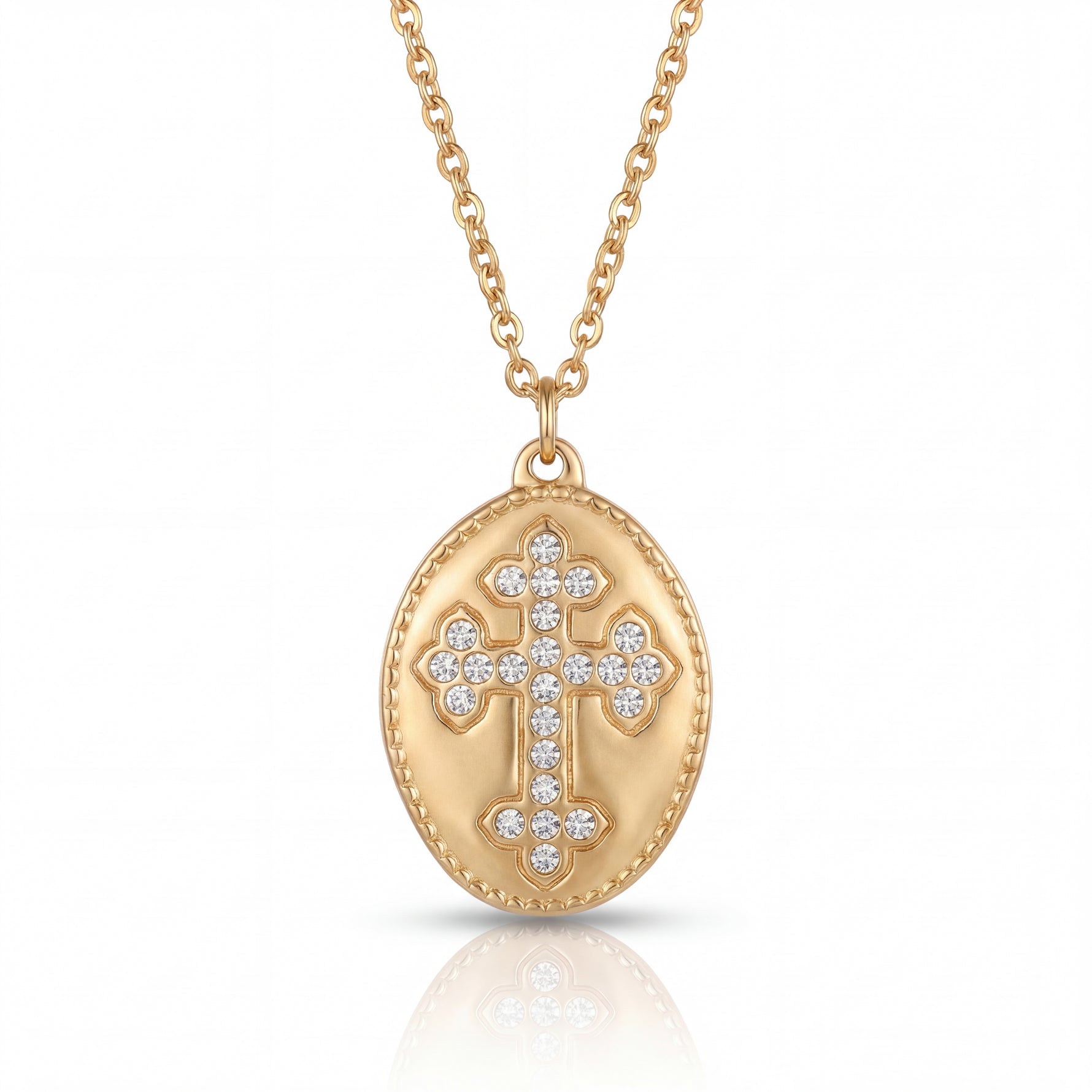 Gold necklace with a cross pendant on a white background
