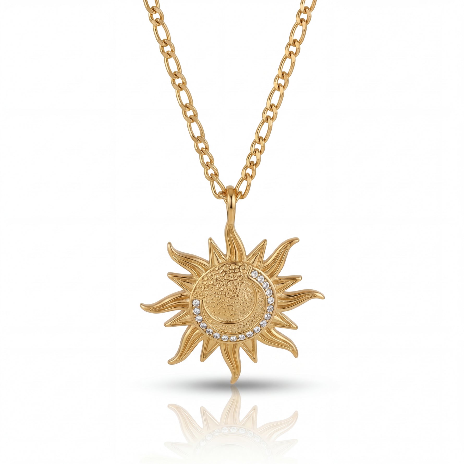 Gold sun-shaped pendant necklace on a white background