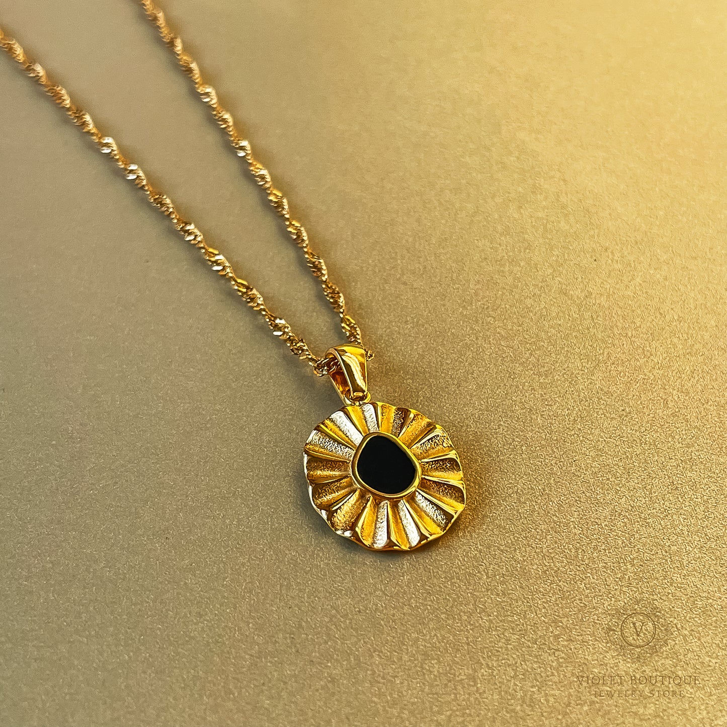 VB 18K Gold Plated Dainty, Vintage Necklace, Black Flower.