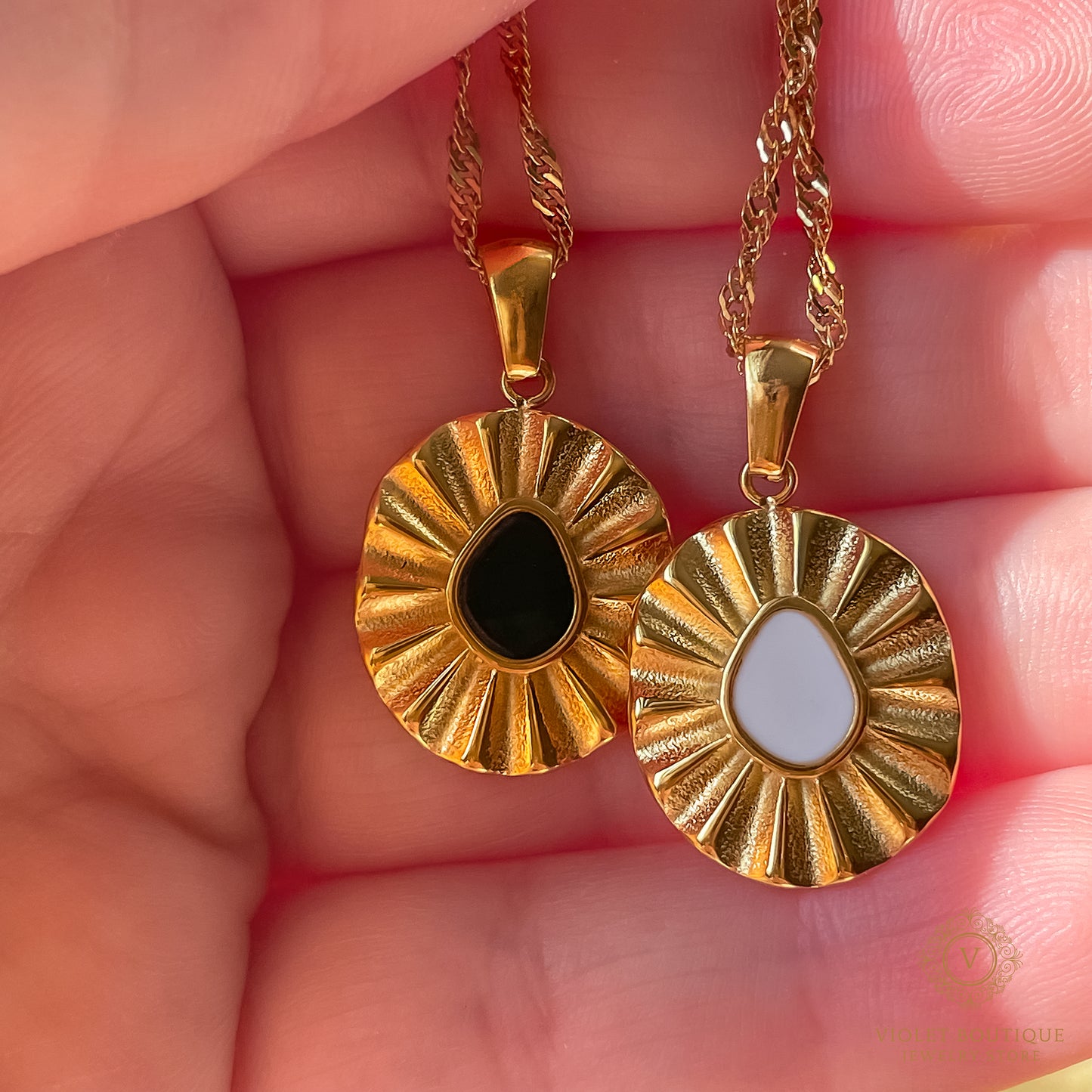 VB 18K Gold Plated Dainty, Vintage Necklace, Black Flower.