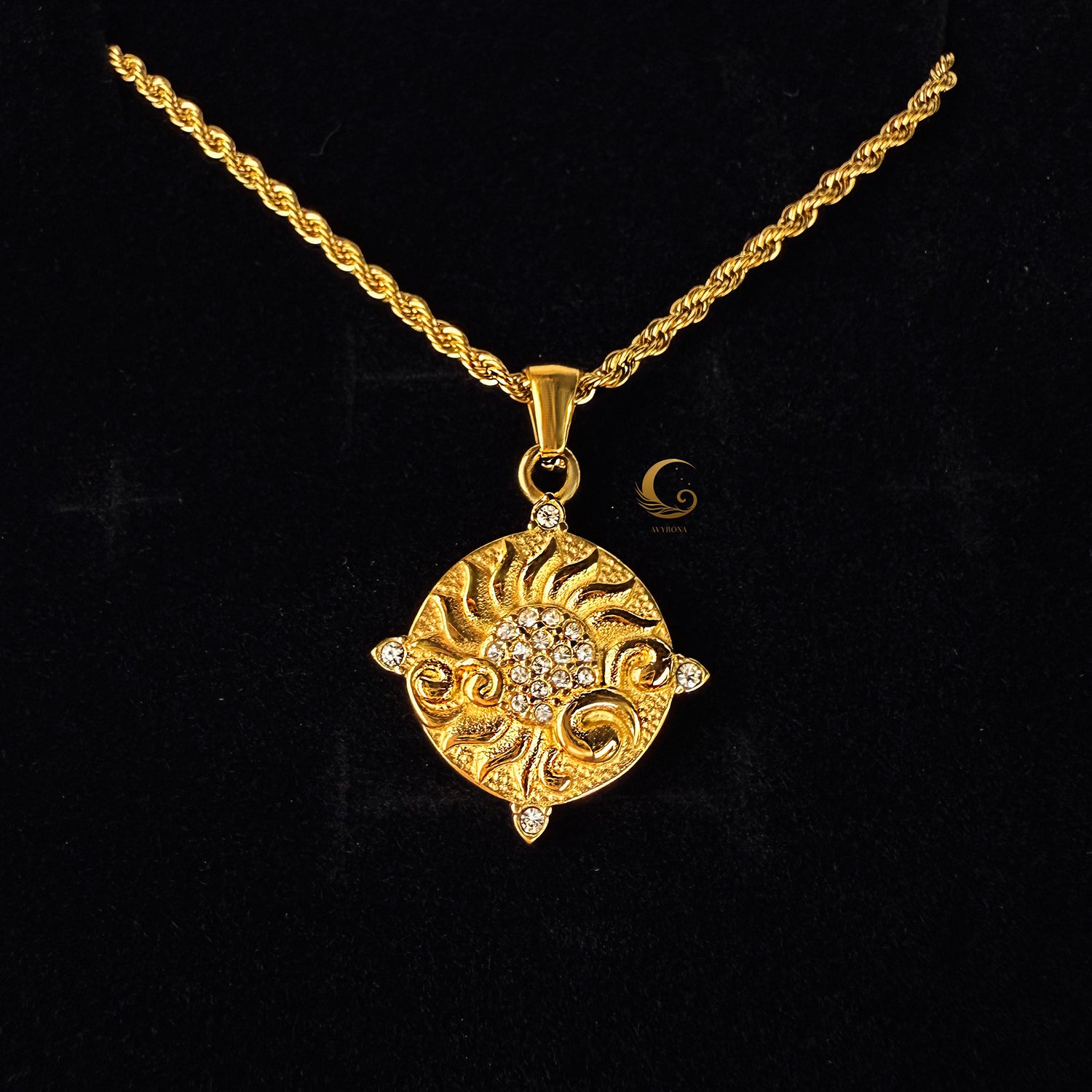 Soleia – Vintage Gold Sun Pendant Necklace.