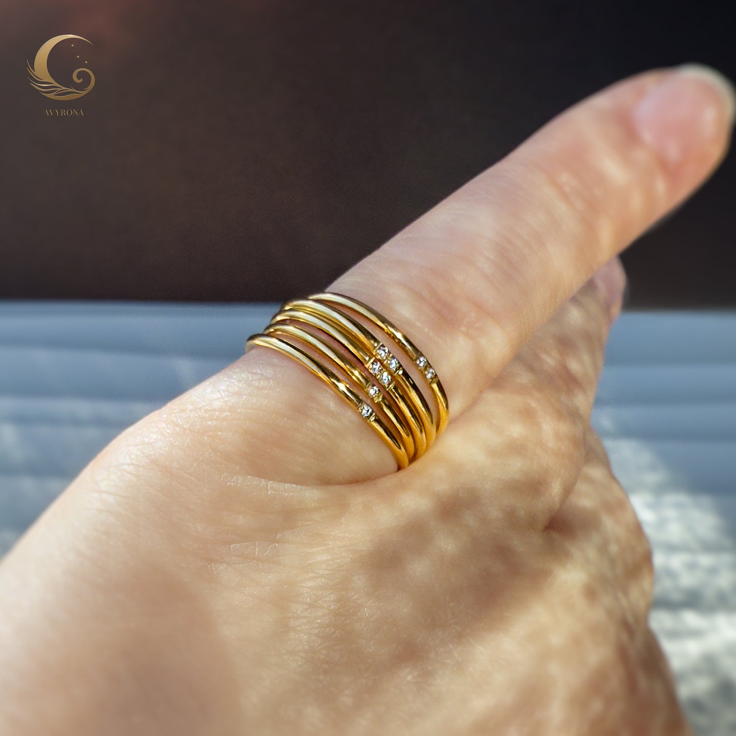 Minimalist Waterproof Ring – Delicate Gold Band with Tiny Zircon Stones.