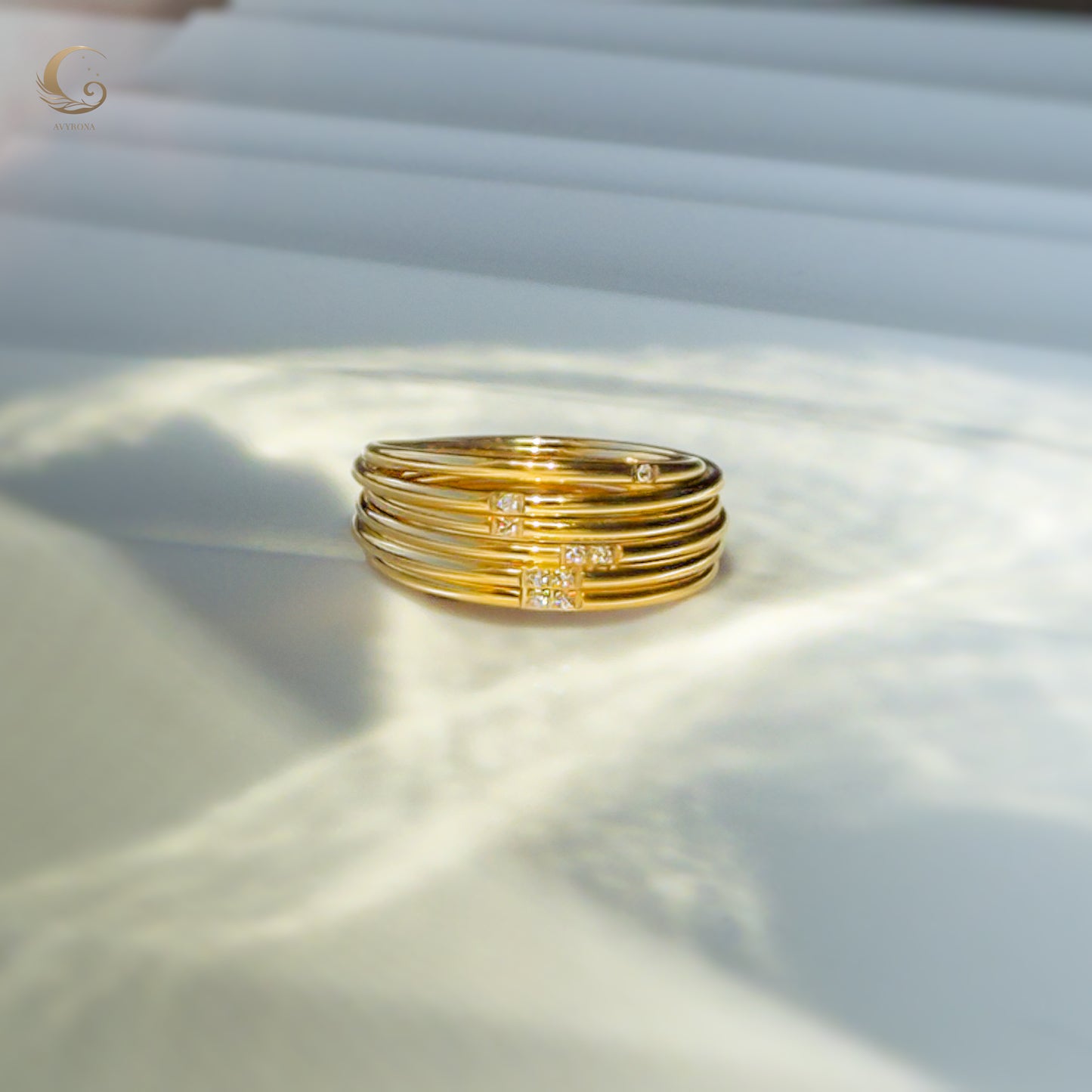 Minimalist Waterproof Ring – Delicate Gold Band with Tiny Zircon Stones.