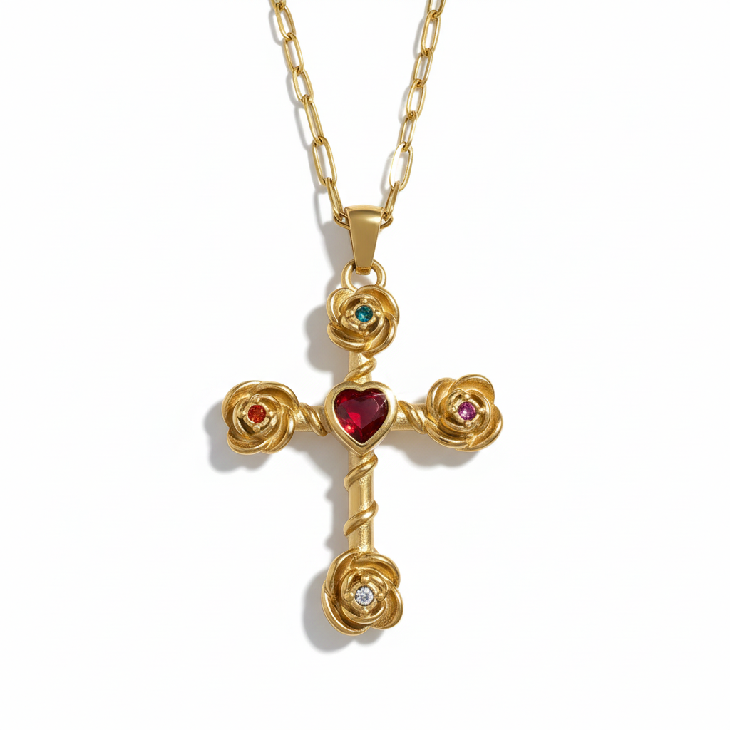 Carmia Gold Cross Necklace With Roses And Heart Gemstone