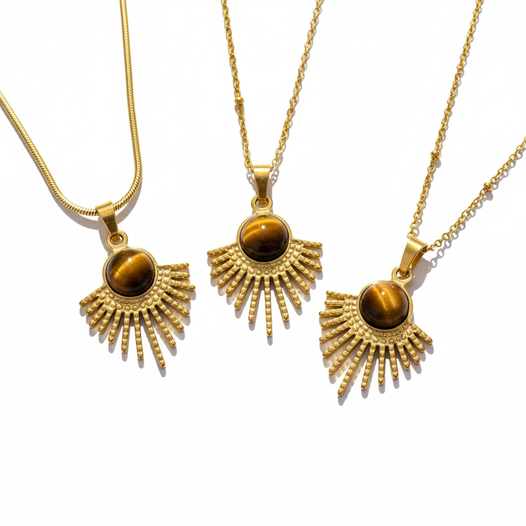 Zenya – Tiger Eye Necklace, Radiant Sunburst Pendant.