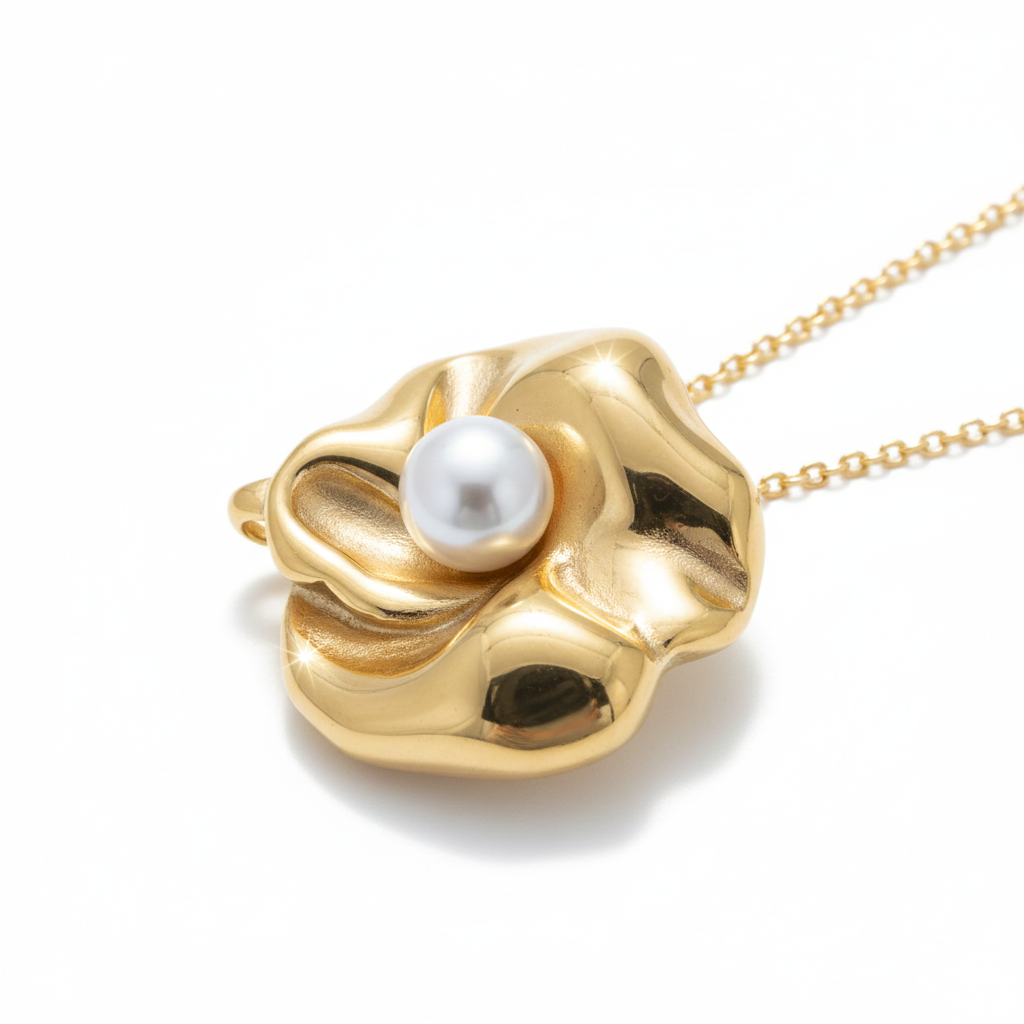 Nymira – Gold Flower Necklace with Pearl Drop.
