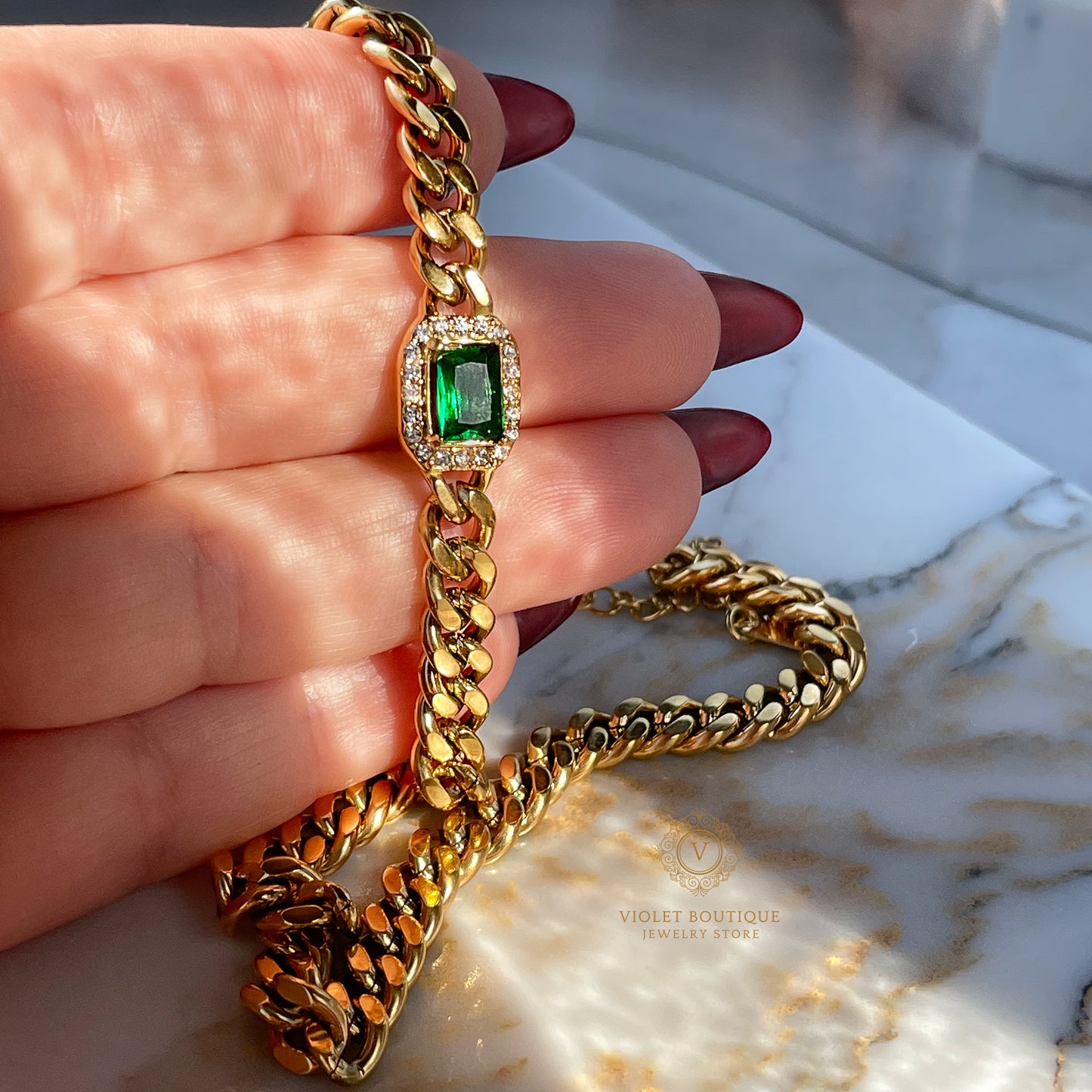 VB Harper 18K Gold Plated Collection Link Cuban Chain Necklace, Choker, Bracelet, Green Stone.