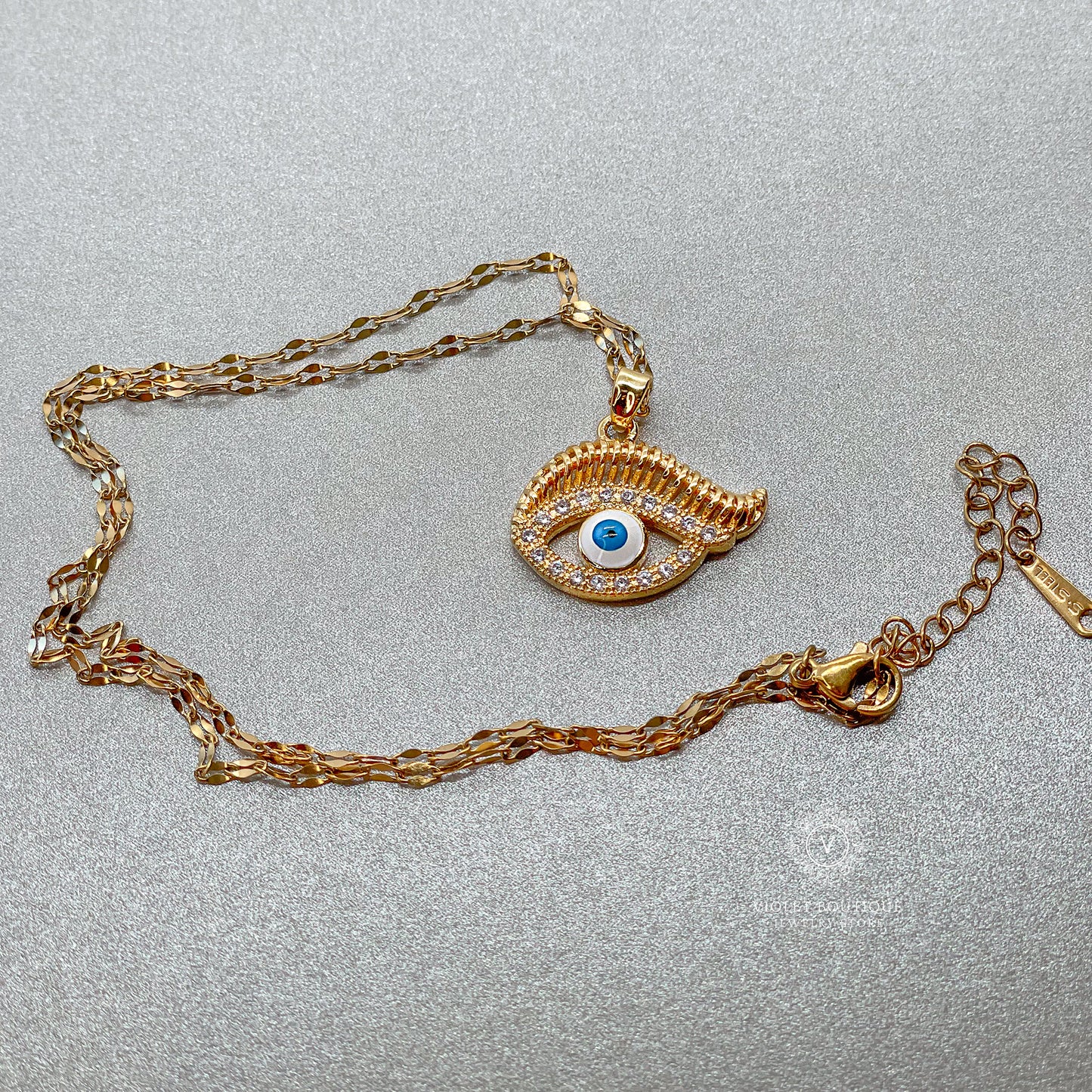 VB Stainless Steel Gold Plated Blue Evil Eye Pendant Necklace.