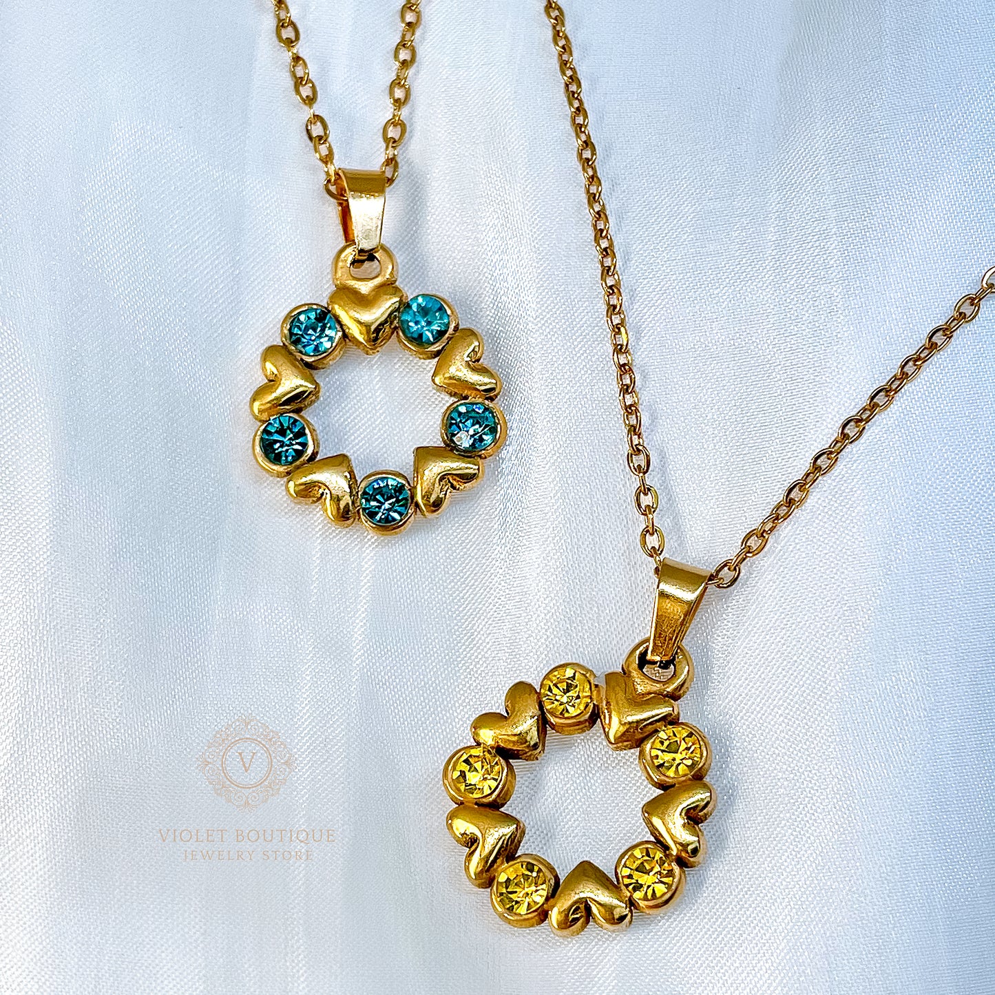 VB Elsa , 18K Gold Plated Aquamarine Hearts Circle Necklace.