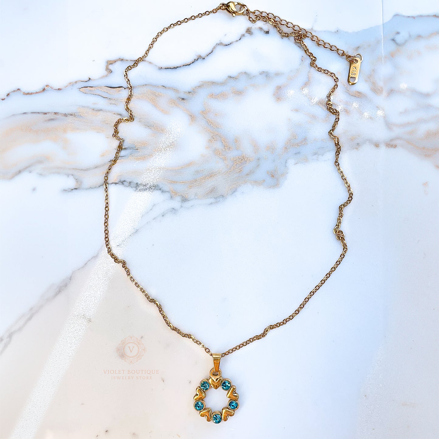 VB Elsa , 18K Gold Plated Aquamarine Hearts Circle Necklace.