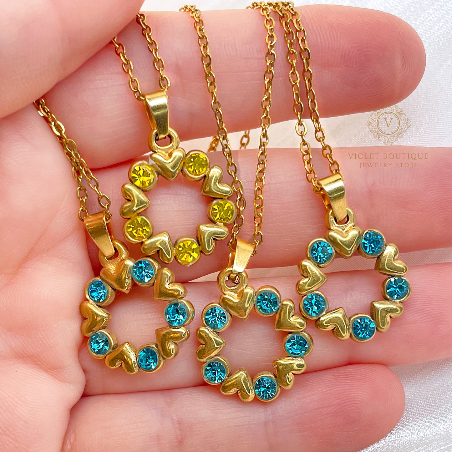 VB Elsa , 18K Gold Plated Aquamarine Hearts Circle Necklace.