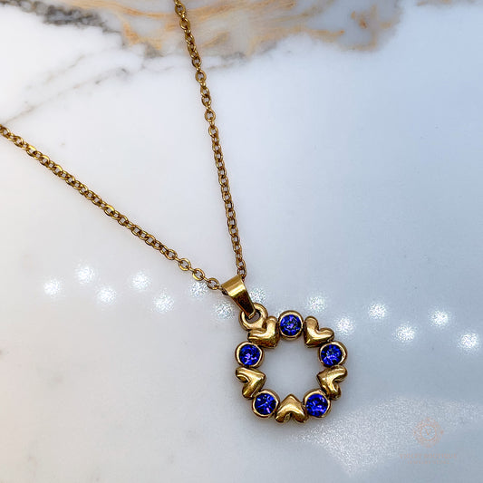 VB Olivia , 18K Gold Plated Necklace, Deep Blue Crystals.