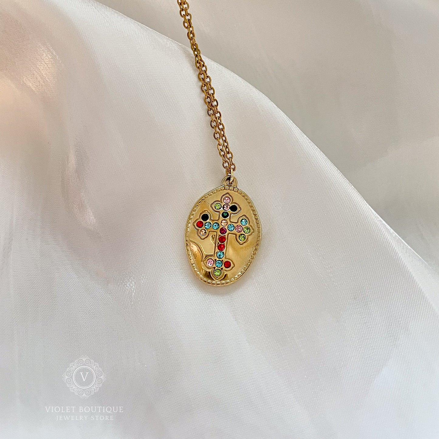 VB 18K Gold Plated Necklace with a Multicolor Rhinestone Cross Charm.