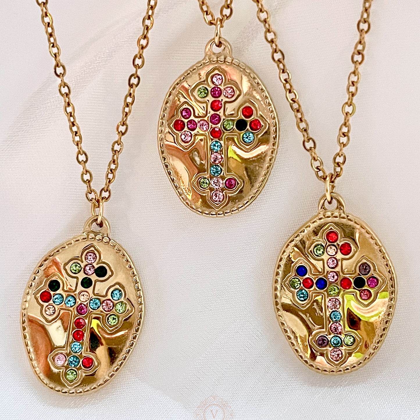 VB 18K Gold Plated Necklace with a Multicolor Rhinestone Cross Charm.