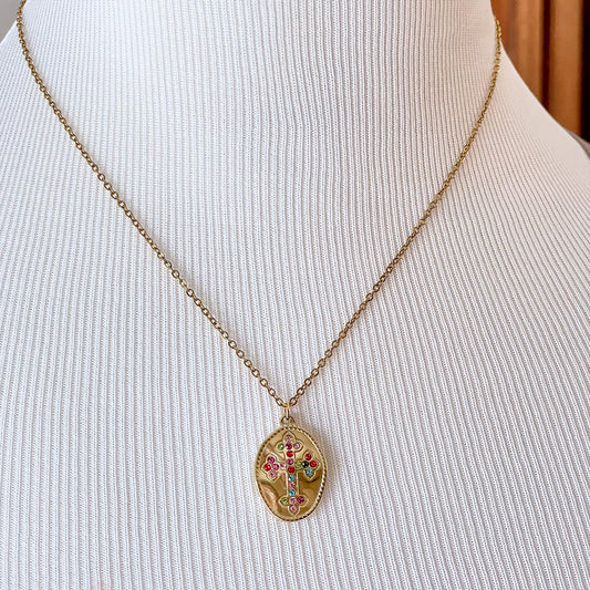 VB 18K Gold Plated Necklace with a Multicolor Rhinestone Cross Charm.