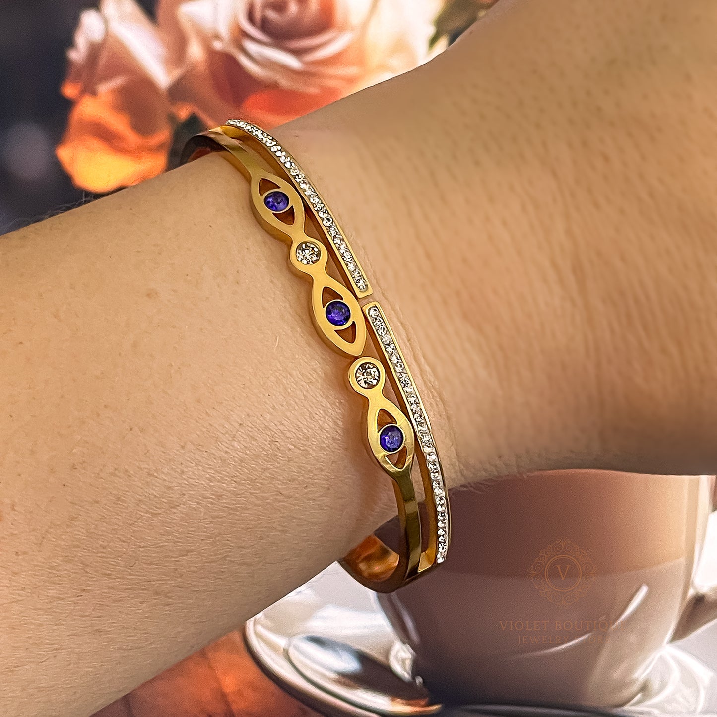 VB 18K Gold-Plated Evil Eye Cuff Bracelet with Zircon Rhinestones.