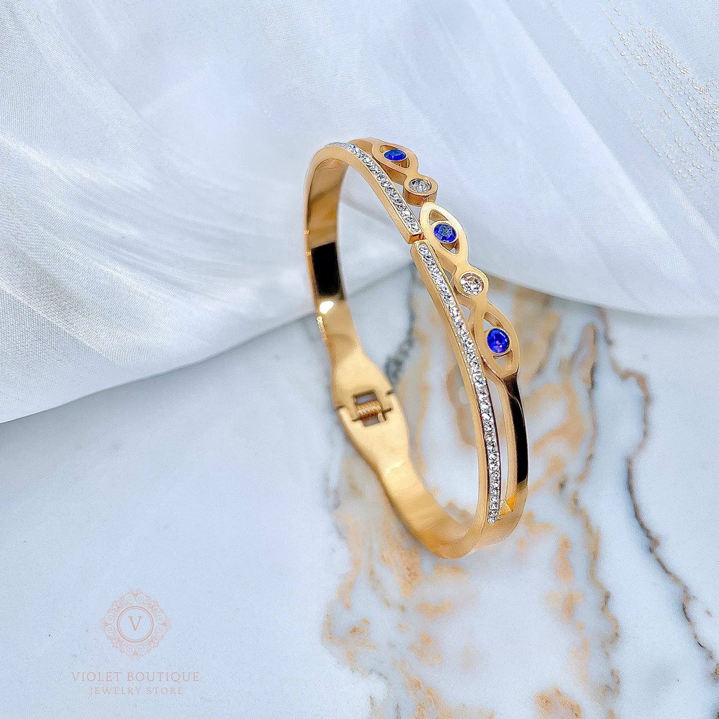 VB 18K Gold-Plated Evil Eye Cuff Bracelet with Zircon Rhinestones.