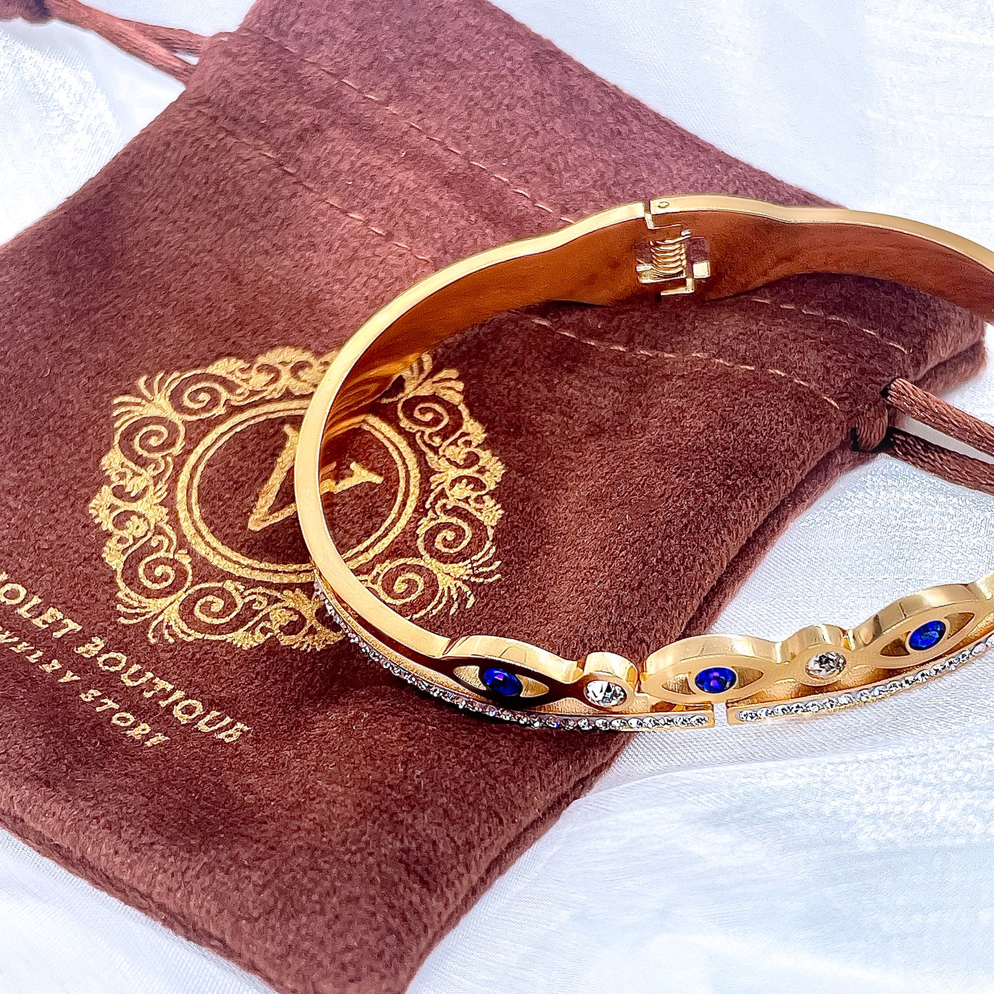 VB 18K Gold-Plated Evil Eye Cuff Bracelet with Zircon Rhinestones.