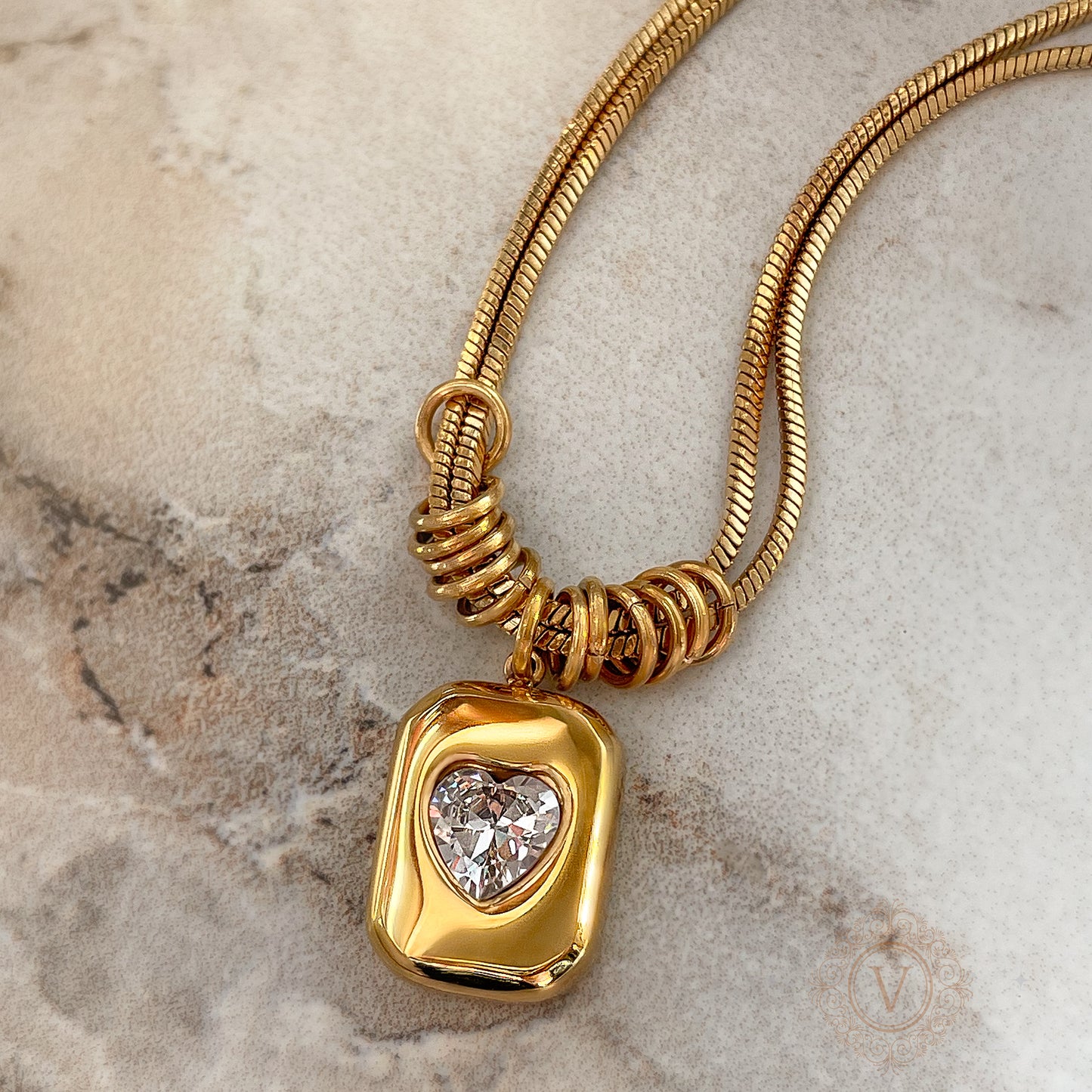 VB Margaret Double Layered Cut Snake Chain Heart and Zircon Pendant Necklace 18K Gold Plated.