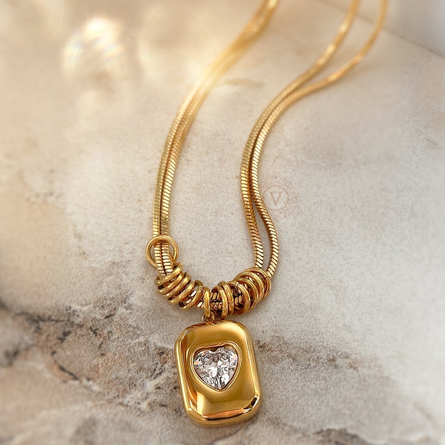 VB Margaret Double Layered Cut Snake Chain Heart and Zircon Pendant Necklace 18K Gold Plated.