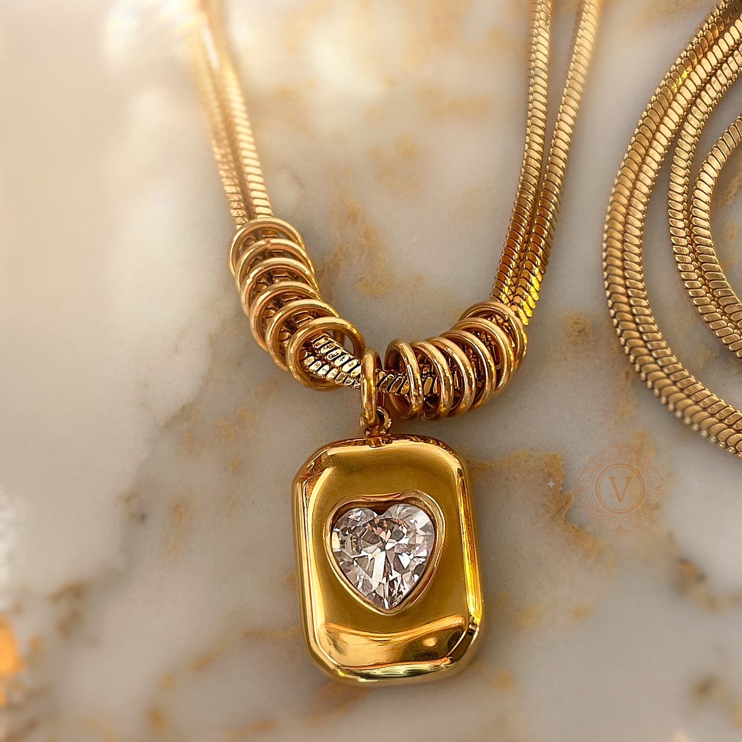 VB Margaret Double Layered Cut Snake Chain Heart and Zircon Pendant Necklace 18K Gold Plated.