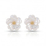 Pair of pearl flower earrings with gold centers on a white background