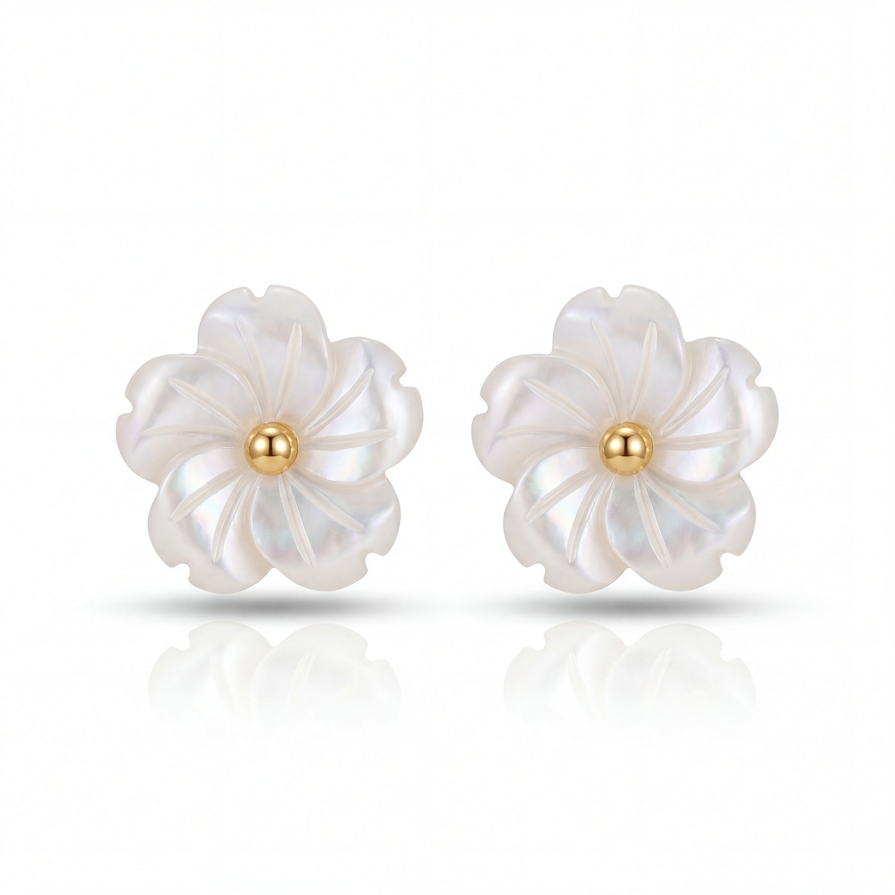 Pair of pearl flower earrings with gold centers on a white background